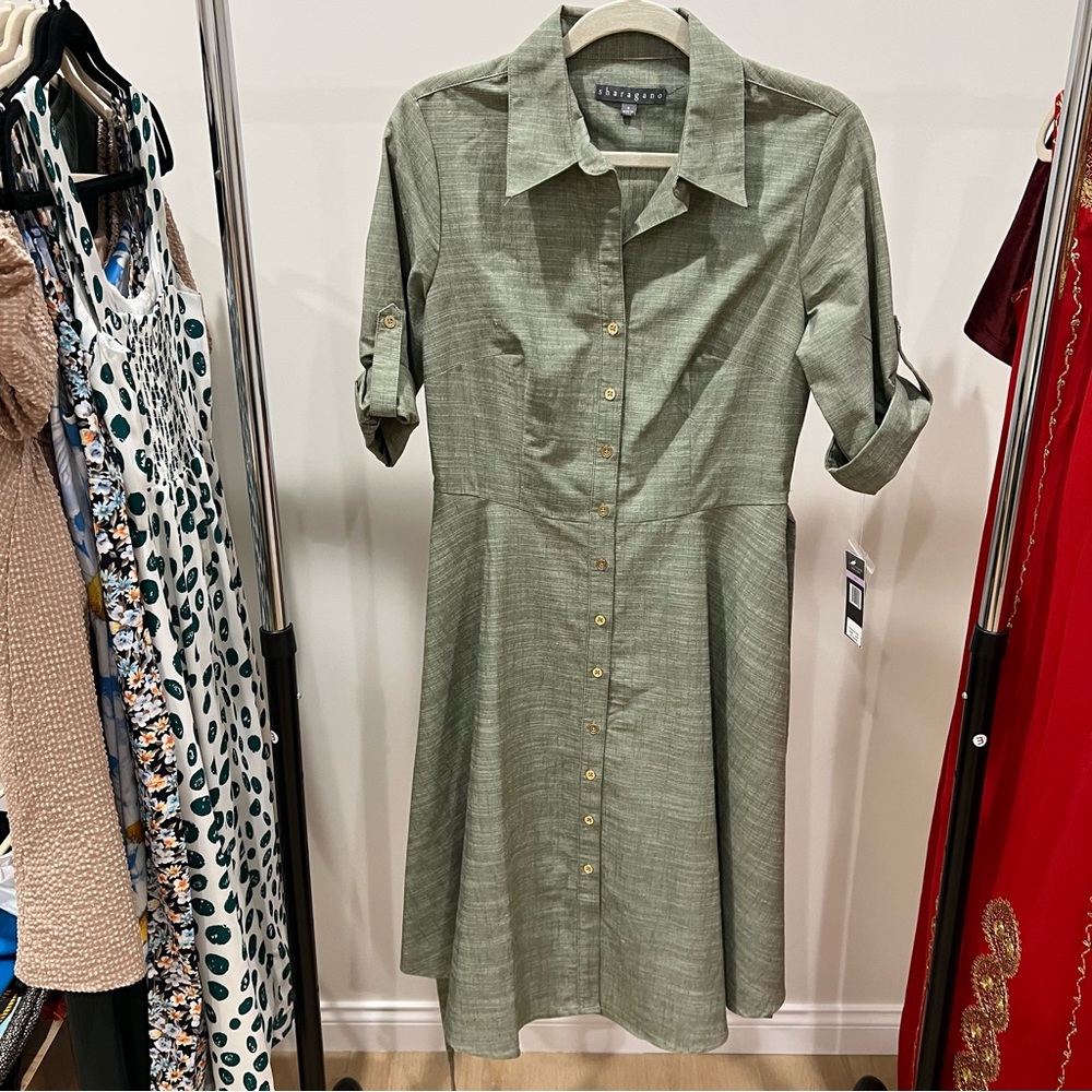 Sharagano Olive Green Button-Front Shirt Dress